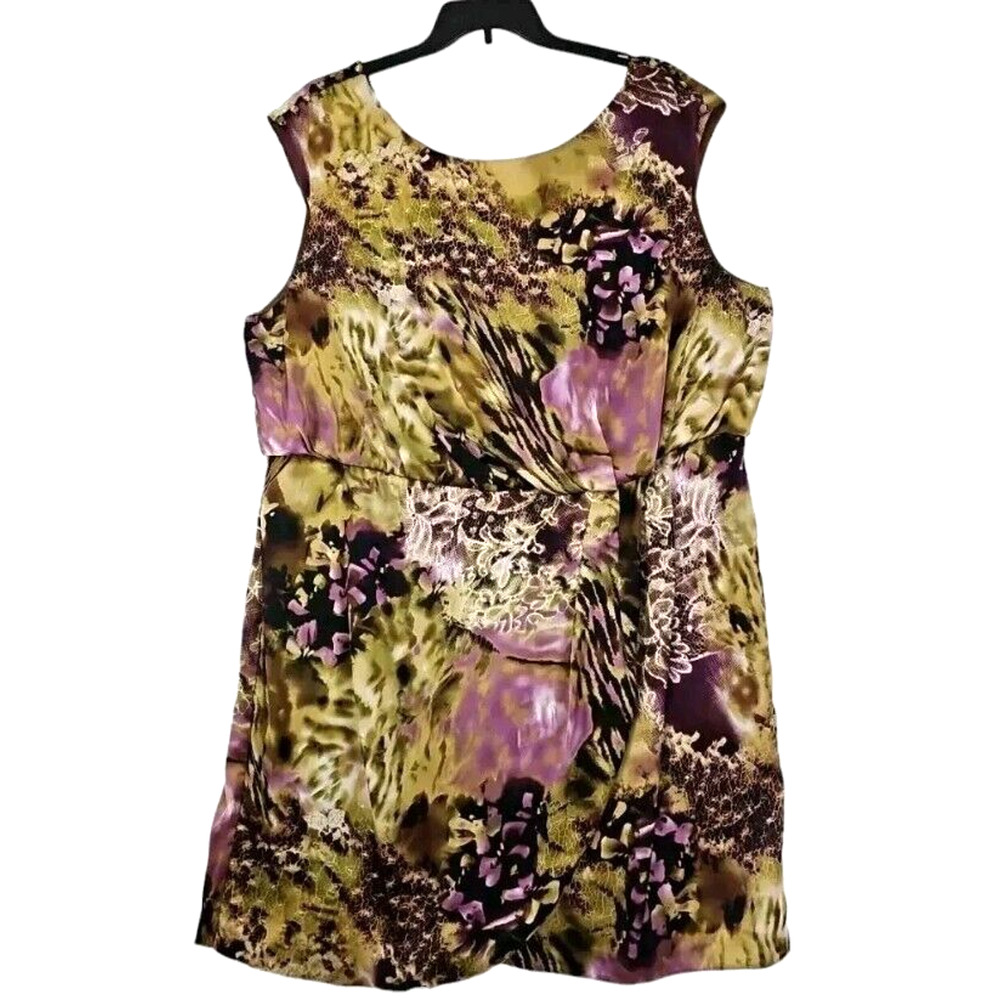 Sleeveless Midi Dress in Olive Green and Purple Abstract Print